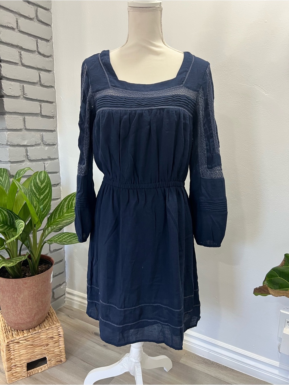 Lucky Brand Navy Smocked Waist Long-Sleeve Dress